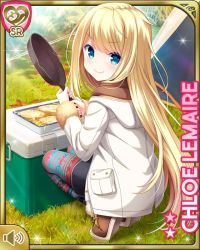 Rule 34 | 1girl, black skirt, blonde hair, blue eyes, card (medium), character name, chloe lemaire, closed mouth, coat, cooler, frying pan, girlfriend (kari), kneeling, lawn, long hair, official art, outdoors, qp:flapper, shirt, skirt, smile, solo, striped clothes, striped thighhighs, tagme, tent, thighhighs, white coat, winter clothes, winter coat
