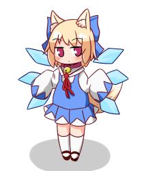 Rule 34 | 1girl, animal ear fluff, animal ears, bell, black footwear, blue bow, blue skirt, blue vest, borrowed character, bow, cirno, cirno (cosplay), closed mouth, collar, cosplay, detached wings, dot mouth, fox ears, fox girl, fox tail, full body, hair bow, highres, jitome, kemomimi-chan (naga u), lbcirno9, light brown hair, long sleeves, mary janes, medium hair, neck bell, neck ribbon, no nose, pleated skirt, purple collar, purple eyes, red ribbon, ribbon, shadow, shirt, shoes, simple background, skirt, sleeves past fingers, sleeves past wrists, tail, touhou, vest, white background, white legwear, white shirt, wings
