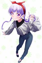Rule 34 | 1girl, alternate costume, black footwear, blue pants, braid, casual, denim, full body, hairband, highres, jeans, long hair, long sleeves, looking at viewer, makicha (sasurainopink), new game!, pants, purple eyes, purple hair, red hairband, shirt, shoes, smile, solo, striped clothes, striped shirt, suzukaze aoba, twin braids, vertical-striped clothes, vertical-striped shirt, white background, white shirt