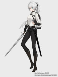 Rule 34 | 1girl, ahoge, bag, belt, black pants, blue eyes, boots, commentary, expressionless, full body, grey background, highres, holding, holding sword, holding weapon, long hair, long sword, looking at viewer, original, pants, ponytail, rikui (rella2930), sheath, shield, shirt, solo, sword, tight clothes, tight pants, vambraces, weapon, white hair, white shirt