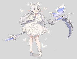 Rule 34 | 1girl, absurdres, animal, animal ear fluff, animal ears, arm behind back, bow, breasts, bug, butterfly, choker, closed mouth, frills, full body, gogoco, grey background, grey hair, half-closed eyes, heart, highres, holding, holding scythe, holding weapon, bug, large breasts, long hair, looking at viewer, original, purple eyes, scythe, simple background, smile, solo, standing, weapon, white bow, white choker, white legwear, white theme