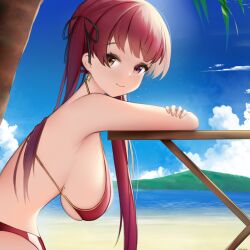 Rule 34 | 1girl, absurdres, bikini, black ribbon, blush, breasts, hair ribbon, hanging breasts, heterochromia, highres, hololive, hololive fantasy, houshou marine, houshou marine (summer), jewelry, large breasts, lolinnez., long hair, looking at viewer, pirate, red eyes, red hair, ribbon, smile, solo, swimsuit, twintails, very long hair, virtual youtuber, yellow eyes