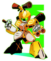 Rule 34 | clenched hand, full body, glowing, glowing eyes, green eyes, humanoid robot, mecha, mecha focus, medarot, metabee, no humans, robot, solo, standing, tetori, white background