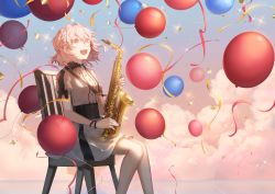 Rule 34 | 1girl, :d, balloon, blue sky, blush, breasts, brown eyes, chair, cloud, collared shirt, commentary request, feet out of frame, grey pantyhose, hair between eyes, highres, holding, holding instrument, horizon, instrument, looking away, on chair, open mouth, original, outdoors, pantyhose, pink hair, puffy short sleeves, puffy sleeves, saihate (d3), saxophone, shirt, short sleeves, sitting, skirt, sky, small breasts, smile, solo, sparkle, streamers, teeth, upper teeth only, white shirt, white skirt