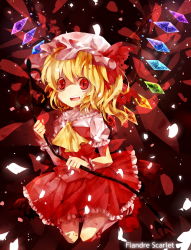 Rule 34 | 1girl, bad id, bad pixiv id, blouse, collared shirt, crystal, dress, everina, female focus, flandre scarlet, full body, gradient background, hat, highres, laevatein, mob cap, red background, red eyes, shirt, solo, touhou, white hat, white shirt, wings