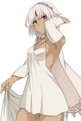 Rule 34 | 10s, 1girl, altera (fate), altera (formal dress) (fate), armpits, bare shoulders, blush, breasts, closed mouth, collarbone, commentary request, cowboy shot, dark-skinned female, dark skin, detached sleeves, dress, fate/extra, fate/grand order, fate (series), hair between eyes, looking at viewer, red eyes, shiseki hirame, simple background, small breasts, solo, standing, white background, white dress, white hair