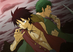 Rule 34 | 2boys, back-to-back, black hair, fighting stance, green hair, hat, male focus, monkey d. luffy, multiple boys, one piece, open clothes, red vest, rereren, robe, roronoa zoro, scar, stampede string, straw hat, vest