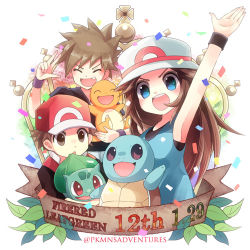 Rule 34 | 1girl, 2boys, arm up, blue eyes, blue oak, blush, brown eyes, brown hair, bulbasaur, charmander, closed eyes, cocoloco, commentary request, confetti, copyright name, creatures (company), fang, game freak, gen 1 pokemon, holding, holding pokemon, leaf, leaf (pokemon), lowres, multiple boys, nintendo, open mouth, pokemon, pokemon (creature), pokemon frlg, red (pokemon), squirtle, starter pokemon trio, teeth, tongue, upper teeth only, w, wristband