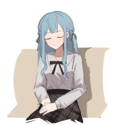Rule 34 | 1girl, absurdres, bang dream!, bang dream! it&#039;s mygo!!!!!, black ribbon, black skirt, blue hair, closed mouth, commentary, green ribbon, hair ribbon, hands on lap, hashtag-only commentary, highres, long hair, long sleeves, lu guan, plaid, plaid skirt, ribbon, shirt, simple background, sitting, skirt, solo, togawa sakiko, two side up, white background, white shirt