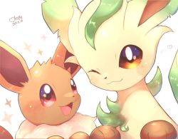 Rule 34 | :d, ;3, blush, brown eyes, closed mouth, commentary request, creatures (company), dated, eevee, game freak, gen 1 pokemon, gen 4 pokemon, heart, leafeon, looking at viewer, nintendo, no humans, okoge (simokaji), one eye closed, open mouth, pokemon, pokemon (creature), signature, smile, sparkle, white background
