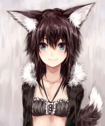 Rule 34 | 1girl, absurdres, animal ears, black hair, blue eyes, breasts, closed mouth, collarbone, eyebrows, fox ears, fox tail, fur trim, hair between eyes, highres, looking at viewer, original, small breasts, smile, solo, sukemyon, tail, upper body