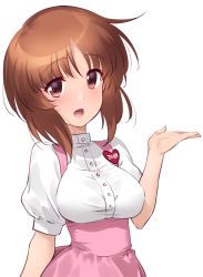 Rule 34 | 1girl, alternate costume, blush, breasts, brown eyes, brown hair, covered erect nipples, girls und panzer, highres, kuzuryuu kennosuke, large breasts, looking at viewer, nishizumi miho, one-hour drawing challenge, open mouth, shiny skin, short hair, smile, solo, upper body