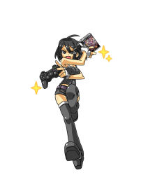 Rule 34 | 1girl, asagiri asagi, black hair, boots, breasts, controller, disgaea, female focus, full body, glitter, grey eyes, holster, short shorts, shorts, simple background, solo, tank top, thigh boots, thighhighs, white background