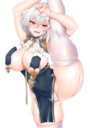 Rule 34 | 1girl, absurdres, azur lane, breast curtains, breasts, commentary request, fingernails, garter straps, gluteal fold, hair between eyes, highres, large breasts, leg up, looking at viewer, nail polish, open mouth, pelvic curtain, red eyes, revealing clothes, sakuraoo, short hair, simple background, sirius (azur lane), sirius (azure horizons) (azur lane), skindentation, solo, split, standing, standing on one leg, standing split, teeth, thighhighs, thighs, white background, white hair, white thighhighs