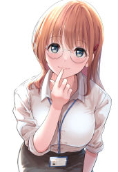 Rule 34 | 1girl, blue eyes, blush, breasts, collared shirt, finger to mouth, glasses, hair ornament, hairclip, highres, id card, lanyard, large breasts, medium hair, office lady, orange hair, original, pencil skirt, round eyewear, shirt, shirt tucked in, skirt, sleeves rolled up, solo, white background, yukimaru ai
