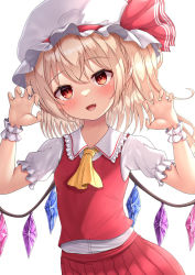 Rule 34 | 1girl, :d, ascot, blonde hair, crystal, fang, flandre scarlet, hat, hat ribbon, highres, looking at viewer, mob cap, one side up, open mouth, red eyes, red ribbon, red skirt, red vest, reijing etrn, ribbon, shirt, short hair, short sleeves, simple background, skirt, smile, solo, touhou, vest, white background, white hat, white shirt, wings, wrist cuffs, yellow ascot
