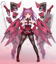Rule 34 | 1girl, alice gear aegis, bare shoulders, black pantyhose, breasts, closed mouth, commentary request, doyagao, doyouwantto, dress, fake tail, floating, floating object, floating weapon, gun, hands on own hips, ichijou ayaka, looking at viewer, mecha musume, pantyhose, pink hair, red dress, red eyes, signature, skindentation, small breasts, smug, solo, tail, weapon