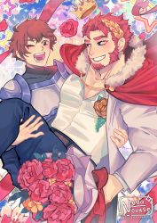 Rule 34 | 2boys, alternate costume, bara, blush, bouquet, cape, carrying, claude (housamo), crown, denim, eye contact, facial hair, flower, fur-trimmed cape, fur trim, goatee, grin, highres, holding, holding bouquet, jeans, large pectorals, laurel crown, long sideburns, looking at another, male focus, protagonist 4 (housamo), multiple boys, muscular, muscular male, novase (novanovase), pants, partially unbuttoned, pectoral cleavage, pectorals, princess carry, red cape, short hair, sideburns, smile, thick eyebrows, tokyo houkago summoners, yaoi