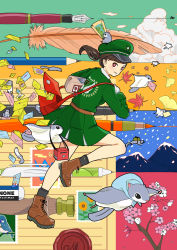 Rule 34 | 1girl, autumn leaves, bag, box, brown eyes, brown footwear, brown hair, cloud, cloudy sky, eraser, feathers, flower, flying squirrel, ginkgo leaf, gloves, green hat, green jacket, green skirt, green sky, hat, highres, jacket, leaf, letter, long hair, mail, mailbag, mailman, map, mountain, original, parted lips, pen, pink flower, postage stamp, red bag, shoes, shoulder bag, skirt, sky, smile, solo, squirrel, white flower, white gloves, yellow flower, yoshimon