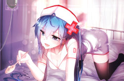 Rule 34 | 1girl, all fours, bed, blue eyes, blue hair, breasts, cleavage, earrings, elbow gloves, gloves, hat, hatsune miku, jewelry, long hair, matching hair/eyes, md5 mismatch, nurse, nurse cap, open mouth, qys3, solo, spoon, thighhighs, twintails, vocaloid