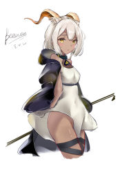 Rule 34 | 1girl, animal ears, arknights, bad id, bad pixiv id, bare shoulders, beeswax (arknights), breasts, character name, commentary request, cowboy shot, cropped legs, dress, highres, horns, looking at viewer, no panties, scup, short hair, silver hair, simple background, small breasts, solo, standing, thighs, white background, white dress, yellow eyes