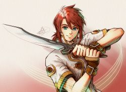 Rule 34 | 1boy, artist name, brown gloves, buttons, closed mouth, fingerless gloves, gloves, green eyes, high collar, highres, holding, holding sword, holding weapon, jacket, looking at viewer, luke fon fabre, male focus, michelle kristolia, red hair, short hair, short sleeves, signature, smile, solo, sword, tales of (series), tales of the abyss, upper body, weapon, white jacket