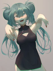 Rule 34 | 1girl, :d, armpits, black dress, blue eyes, blue hair, breasts, china dress, chinese clothes, cleavage, cleavage cutout, clothing cutout, cowboy shot, double bun, dress, fangs, floating hair, grey background, hair between eyes, hair bun, hatsune miku, highres, long hair, looking at viewer, medium breasts, nail polish, open mouth, pukunosu8, red nails, short dress, simple background, sleeveless, sleeveless dress, smile, solo, standing, twintails, very long hair, vocaloid