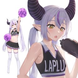 Rule 34 | 1girl, alternate hairstyle, arm up, armpits, black horns, bottle, clothes writing, fang, full body, highres, holding, holding bottle, holding pom poms, hololive, horns, la+ darknesss, long hair, looking at viewer, multicolored hair, open mouth, pointy ears, pom pom (cheerleading), pom poms, purple hair, simple background, solo, streaked hair, striped horns, sweat, thighhighs, twintails, very long hair, virtual youtuber, vziu, white background, white hair, white thighhighs, yellow eyes