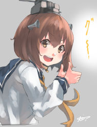 Rule 34 | 1girl, brown eyes, brown hair, commentary, dress, grey background, headgear, headset, highres, kantai collection, leaning forward, looking at viewer, neckerchief, open mouth, round teeth, sailor dress, short hair, smile, solo, speaking tube headset, sunday aki, symbol-only commentary, teeth, thumbs up, upper body, upper teeth only, yellow neckerchief, yukikaze (kancolle)