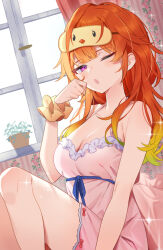 Rule 34 | 1girl, ;o, aotake iro, blunt bangs, blush, commentary request, dress, frills, hand up, highres, hololive, hololive english, kfp, long hair, looking at viewer, multicolored hair, nightgown, one eye closed, orange hair, pajamas, pink dress, pink nightgown, plant, potted plant, scrunchie, sitting, sleep mask, sleepwear, solo, streaked hair, takanashi kiara, thighs, virtual youtuber, window, wrist scrunchie