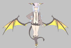 Rule 34 | 1girl, black choker, black necktie, black skirt, blue hair, breasts, brown jacket, choker, closed mouth, collared shirt, contrapposto, curled horns, demon tail, enkyo yuuichirou, fingernails, flower, full body, grey background, grey socks, highres, horn flower, horns, jacket, long hair, looking at viewer, low wings, medium breasts, nail polish, necktie, open clothes, open jacket, original, pleated skirt, purple hair, red nails, rose, shirt, shoes, simple background, skirt, smile, socks, solo, spread wings, tail, very long hair, white flower, white footwear, white rose, white shirt, wing collar, wings, yellow eyes