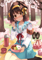 1girl :t absurdres armband bag belt black_socks blue_belt blue_sailor_collar blue_skirt blush bowl brown_eyes brown_footwear brown_hair cherry_blossoms cherry_tomato chopsticks food hair_ribbon hairband highres holding holding_bento holding_chopsticks kita_high_school_uniform loafers long_sleeves medium_hair omelet outdoors paperclip pleated_skirt red_armband red_ribbon ribbon rice sailor_collar sausage school_uniform second-party_source seiza serafuku shirt shoes sitting skirt socks solo suzumiya_haruhi suzumiya_haruhi_no_yuuutsu thermos tomato translation_request unworn_shoes white_shirt winter_uniform yellow_hairband yellow_ribbon yuno_(suke_yuno)