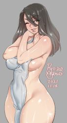 Rule 34 | 1girl, agawa ryou, artist name, bare shoulders, bathing, black hair, breasts, covering privates, curvy, dated, grey background, grey eyes, hair between eyes, large breasts, long hair, naked towel, nude cover, one eye closed, original, parted lips, simple background, smile, solo, thick thighs, thighs, towel