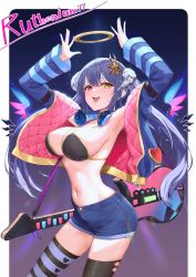 Rule 34 | 1girl, :d, absurdres, armpits, arms up, artist request, bare shoulders, bikini, bikini top only, black bikini, black choker, black thighhighs, blue hair, blue jacket, blue shorts, breasts, choker, cleavage, commission, contrapposto, cowboy shot, denim, denim shorts, electric guitar, gold trim, guitar, hair ornament, halo, halterneck, headphones, headphones around neck, heterochromia, highres, horns, instrument, jacket, large breasts, long hair, long sleeves, looking at viewer, navel, off shoulder, open clothes, open jacket, open mouth, original, red eyes, ruthenium77&#039;s character, second-party source, short shorts, shorts, sidelocks, smile, solo, standing, stomach, strap, strap gap, string bikini, sweat, swimsuit, thighhighs, thighs, very long hair, yellow eyes