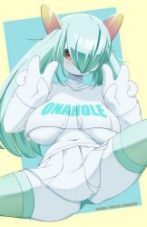 Rule 34 | 1girl, artist name, blue background, blush, border, breasts, breasts apart, clothes writing, colored skin, creatures (company), crop top, cyrillic, double v, female focus, game freak, gen 3 pokemon, green hair, green panties, green thighhighs, hair over one eye, hands up, highres, kirlia, large breasts, long hair, long sleeves, looking at viewer, midriff, miniskirt, navel, nintendo, no bra, no mouth, one eye covered, orange eyes, outside border, panties, panty peek, patreon username, peach-cup, pleated skirt, pokemon, pokemon (creature), shirt, sidelocks, simple background, sitting, skindentation, skirt, solo, spread legs, stomach, thighhighs, thighs, transparent, twintails, twitter username, underboob, underwear, v, watermark, white shirt, white skin, white skirt, yellow border