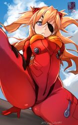 Rule 34 | 1girl, :&lt;, arm support, artist name, ass, ass focus, blue eyes, bodysuit, breasts, brown hair, curvy, elquijoteart, floating hair, long hair, looking at viewer, neon genesis evangelion, outdoors, plugsuit, red bodysuit, shiny clothes, simple background, skin tight, sky, solo, souryuu asuka langley, spread legs, tsundere, twintails, two side up, white background, wide hips