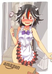 Rule 34 | 1girl, alternate costume, amazon (company), apron, black hair, blush, breasts, collarbone, cone horns, constricted pupils, embarrassed, eyebrows, hair between eyes, horns, kijin seija, ladle, multicolored hair, naked apron, nose blush, open door, open mouth, out of frame, product placement, red hair, shimouki izui, short hair, small breasts, solo focus, standing, steam, streaked hair, striped horns, sweatdrop, tongue, touhou, white hair, wide hips