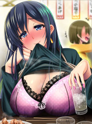 Rule 34 | 2girls, alternate hairstyle, beige dress, black hair, blue eyes, blurry, blush, bra, breast rest, breasts, chopsticks, clothes lift, commentary request, depth of field, drunk, earrings, food, glass, green sweater, hair down, highres, hiryuu (kancolle), ice, ice cube, jewelry, kantai collection, large breasts, looking at viewer, militia minpei, mouth hold, multiple girls, nose blush, official alternate costume, open mouth, purple bra, solo focus, souryuu (kancolle), sweater, sweater lift, turtleneck, underwear, upper body