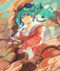Rule 34 | &gt;:(, 1girl, bomber jacket, commentary request, dirt, dust, earrings, frown, green hair, hatsune miku, highres, jacket, jewelry, long hair, long sleeves, looking at viewer, shirt, sibyl, solo, standing, suna no wakusei (vocaloid), twintails, v-shaped eyebrows, vocaloid, white shirt