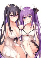 Rule 34 | 2girls, :o, armpits, bare arms, bare legs, bare shoulders, black hair, black ribbon, blue eyes, blush, breasts, cleavage, collarbone, commentary request, dress, hair ornament, highres, kinona, knee up, large breasts, long hair, looking at viewer, multicolored hair, multiple girls, open mouth, original, parted lips, purple eyes, purple hair, red ribbon, ribbon, sidelocks, simple background, small breasts, smile, thighs, twintails, two-tone hair, very long hair, white background, white dress