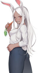 Rule 34 | 1girl, animal ear fluff, animal ears, ass, boku no hero academia, breasts, carrot, casual, cheshirrr, covered erect nipples, cowboy shot, dark-skinned female, dark skin, denim, fangs, forehead, highres, jeans, long hair, looking at viewer, looking back, medium breasts, mirko, no bra, open mouth, pants, parted bangs, rabbit ears, rabbit girl, rabbit tail, red eyes, simple background, smile, solo, standing, tail, thighs, white background, white hair