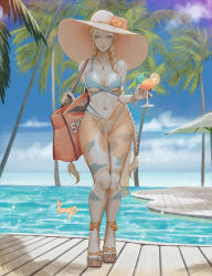 Rule 34 | 1girl, absurdres, ankle lace-up, bag, beach, beach umbrella, bikini, blonde hair, blue bikini, blue nails, blurry, blurry background, bodypaint, bracelet, braid, breasts, cammy white, capcom, closed mouth, cloud, cocktail umbrella, cross-laced footwear, cup, curvy, day, drink, drinking glass, earrings, facial scar, fingernails, flower, food, fruit, full body, hair between eyes, hair over shoulder, hat, hat flower, highres, holding, holding cup, horizon, jewelry, kumanz, large breasts, legs together, lips, long fingernails, long hair, looking at viewer, multi-strapped bikini, nail polish, navel, necklace, orange (fruit), orange slice, outdoors, palm tree, platform footwear, pool, ring, sarong, scar, scar on cheek, scar on face, see-through, shiny skin, shoulder bag, skull print, standing, street fighter, sun hat, swimsuit, thighs, toenail polish, toenails, tree, tropical, twin braids, twintails, umbrella, underboob, very long hair, wide hips