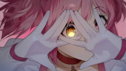 Rule 34 | 1girl, \||/, artist name, choker, close-up, collarbone, commentary, gloves, heterochromia, highres, kaname madoka, looking at viewer, looking through fingers, magical girl, mahou shoujo madoka magica, mahou shoujo madoka magica (anime), making-of available, pink eyes, pink hair, red choker, sasoura, smile, solo, soul gem, symbol-only commentary, white gloves, yellow eyes