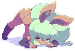 Rule 34 | 1girl, animal ears, bikini, blush, boots, breasts, bunny mint, detached sleeves, green hair, hands on ground, jack-o&#039; challenge, legs apart, long hair, looking at viewer, medium breasts, nollety, pink eyes, ponytail, rabbit ears, simple background, solo, spread legs, swimsuit, top-down bottom-up, white background, wide spread legs, youkai watch
