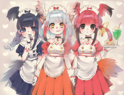 Rule 34 | 10s, 3girls, alternate costume, apron, bird tail, bird wings, black-headed ibis (kemono friends), black bow, black hair, blush, bow, braid, cake, cake slice, choker, closed mouth, covering own mouth, cup, dress, drinking glass, drinking straw, enmaided, food, hair bobbles, hair ornament, hair tie, hand over own mouth, head wings, holding hands, japanese crested ibis (kemono friends), kemono friends, maid, maid apron, maid headdress, multicolored hair, multiple girls, noamem, open mouth, pleated dress, puffy short sleeves, puffy sleeves, red bow, red hair, scarlet ibis (kemono friends), short hair with long locks, short sleeves, tail, tray, twintails, white hair, wings