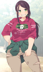 Rule 34 | 10s, 1girl, bad id, bad pixiv id, black hair, breasts, clothes around waist, cowboy shot, green eyes, grin, hand on own hip, idolmaster, idolmaster cinderella girls, jacket, jacket around waist, large breasts, long hair, low ponytail, pants, shirt, smile, solo, torn clothes, torn pants, uccow, yamato aki