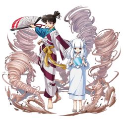 Rule 34 | 2girls, aerokinesis, barefoot, black hair, blank eyes, crossover, earrings, feather hair ornament, feathers, hair ornament, hand fan, holding, holding mirror, inuyasha, japanese clothes, jewelry, kagura (inuyasha), kanna (inuyasha), kimono, magic, mirror, multiple girls, non-web source, official art, othellonia, pointy ears, red eyes, sandals, tornado, transparent background, white hair, white kimono, wind