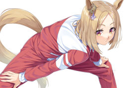 1girl animal_ears closed_mouth commentary_request exercising horse_ears horse_girl horse_tail jewelry long_sleeves looking_at_viewer miri_(ago550421) narita_top_road_(umamusume) short_hair simple_background solo stretching tail tracen_training_uniform umamusume white_background yellow_eyes