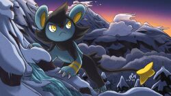 Rule 34 | :&lt;, claws, closed mouth, commentary, creatures (company), frown, game freak, gen 4 pokemon, highres, looking to the side, luxio, mountain, nintendo, outdoors, pokemon, pokemon (creature), sky, snow, standing, sugarmasonmearii, twilight, yellow eyes, yellow pupils