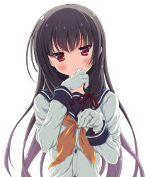 Rule 34 | 10s, 1girl, blush, brown hair, buttons, frown, gloves, hair ribbon, hand to own mouth, head tilt, isokaze (kancolle), jewelry, kantai collection, long hair, long sleeves, neckerchief, odawara hakone, red eyes, red ribbon, ribbon, ring, shirt, simple background, solo, sweatdrop, upper body, very long hair, white background, white gloves, white shirt, yellow ribbon